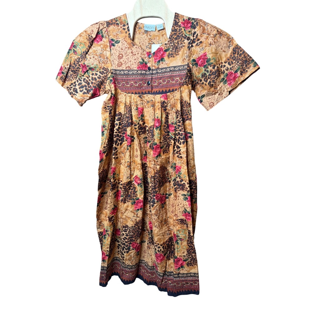 Phases Midi Dress Womens S Leopard Floral Print Short Sleeve Cotton NEW
